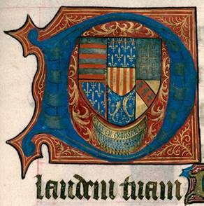 Armoiries du roi René aux couleurs de la Hongrie, de la Sicile, de Jérusalem, d'Aragon, de Bar et de Lorraine